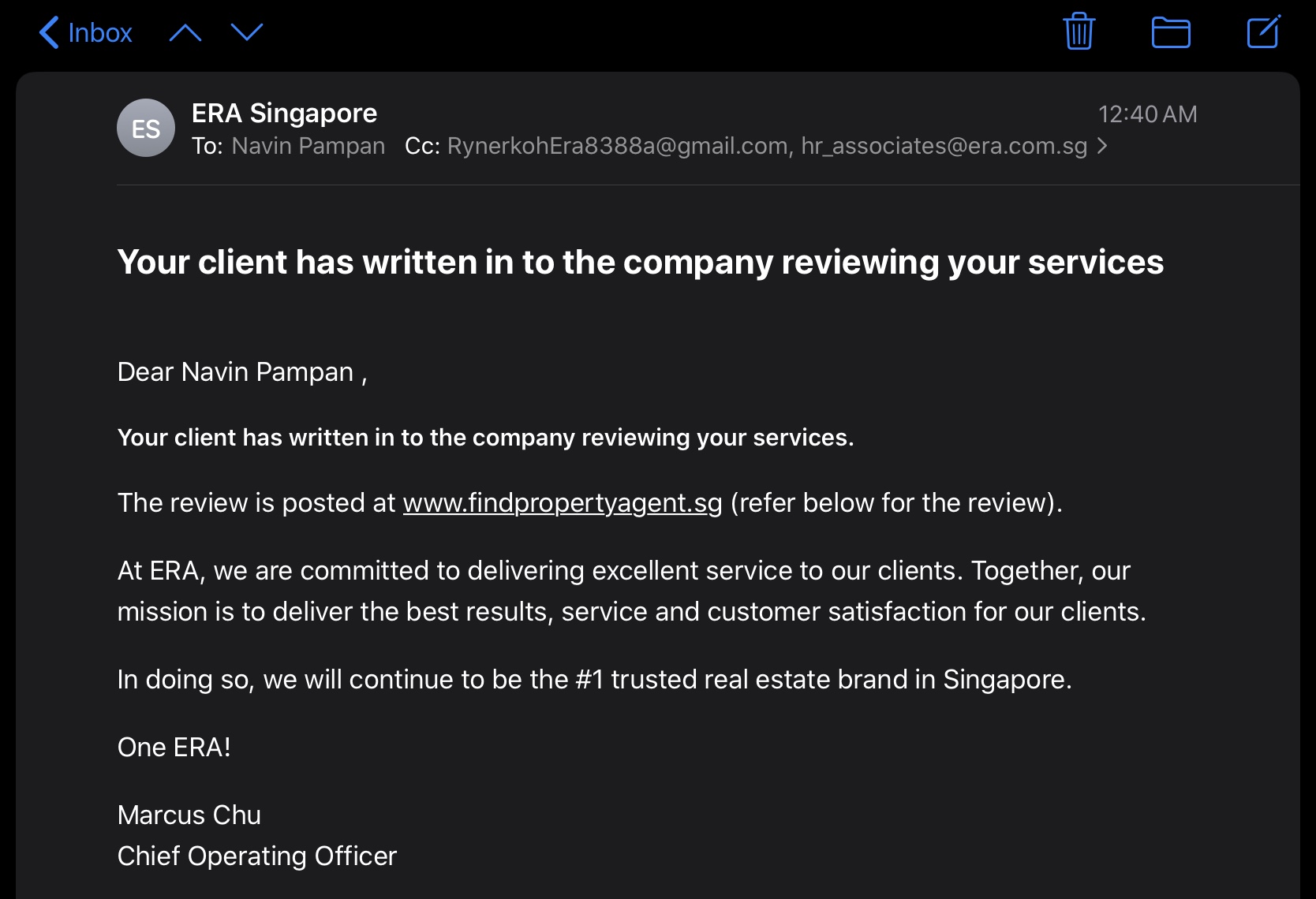 Client Wrote in to ERA Management